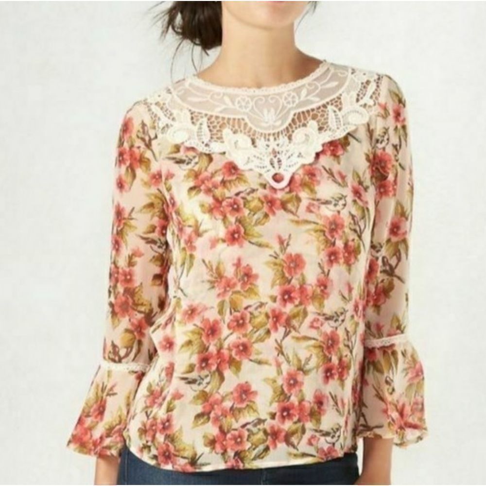 Disney x Lauren Conrad Snow White Sheer Floral & Bird Lace Neck Top Shirt XL